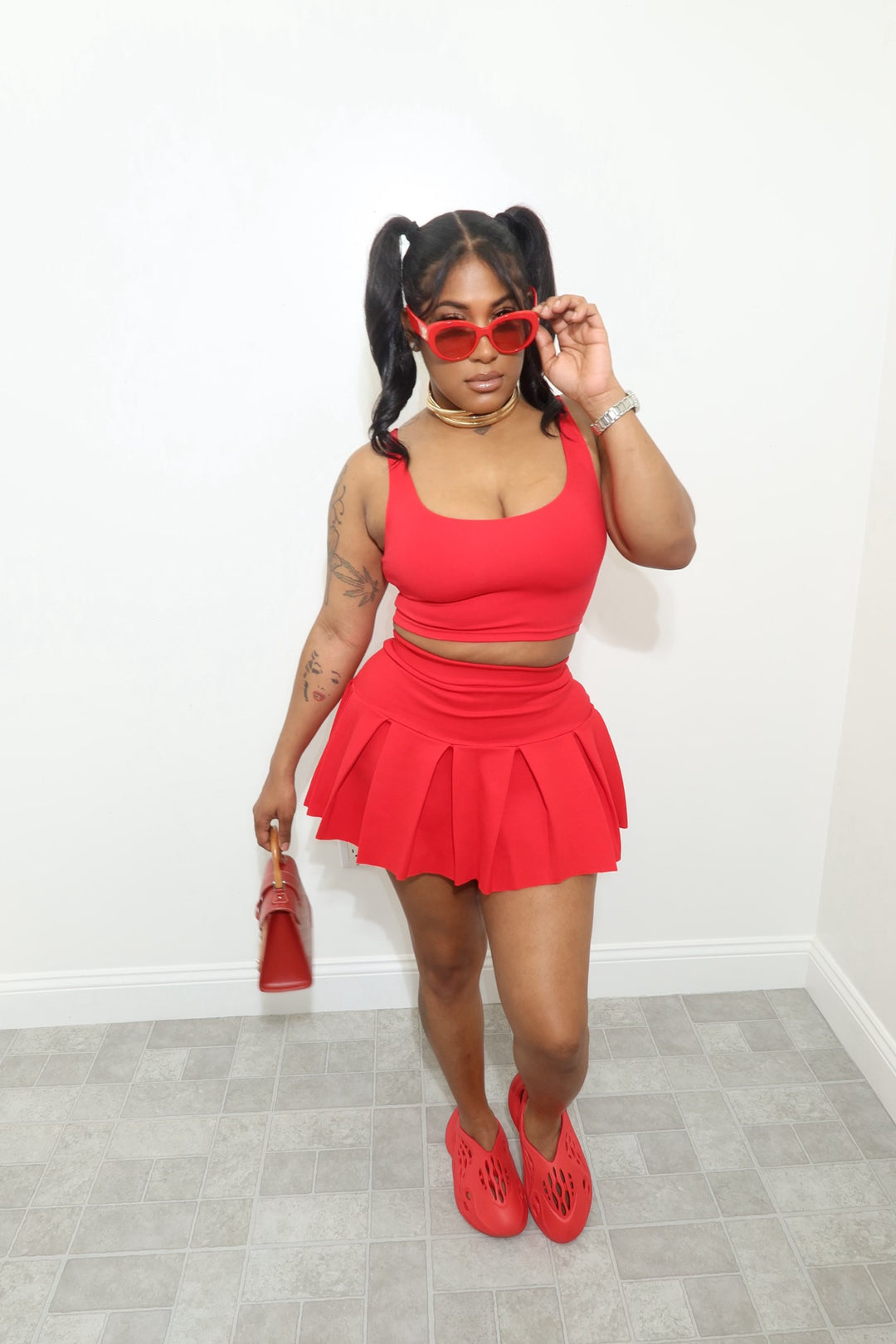 RED BAESICS MINI SKIRT SET